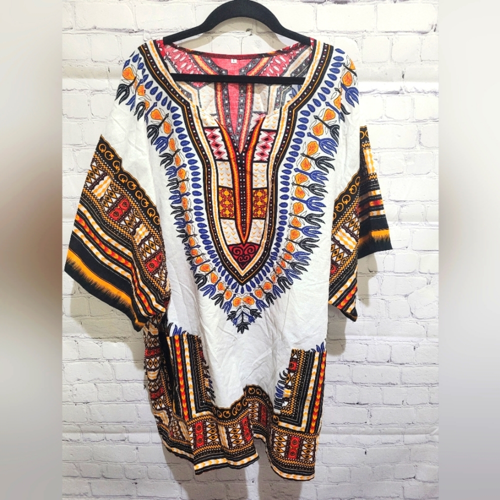 White Multicolor Dashiki-Print Tunic Top